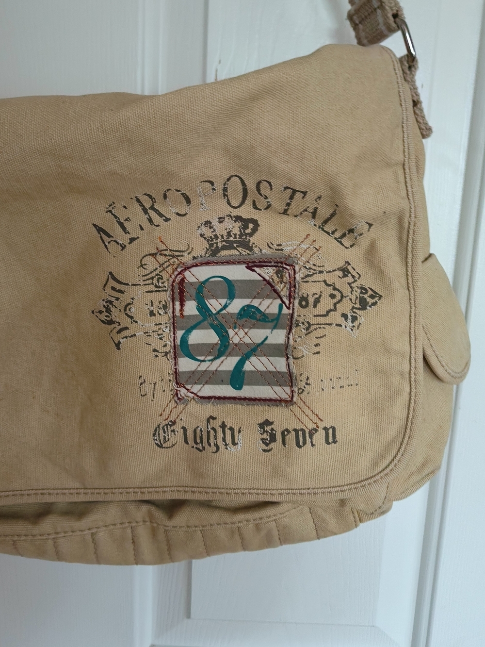 Vintage Aeropostale Tan Canvas Messenger Bag with Teal Accent